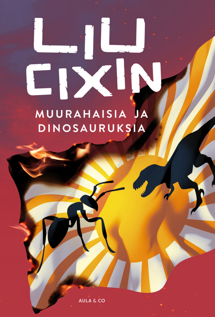 Kuvassa Muurahaisia ja dinosauruksia -kirjan kansi. Kannessa lippu, jonka edessä muurahaisen ja dinosauruksen varjot.