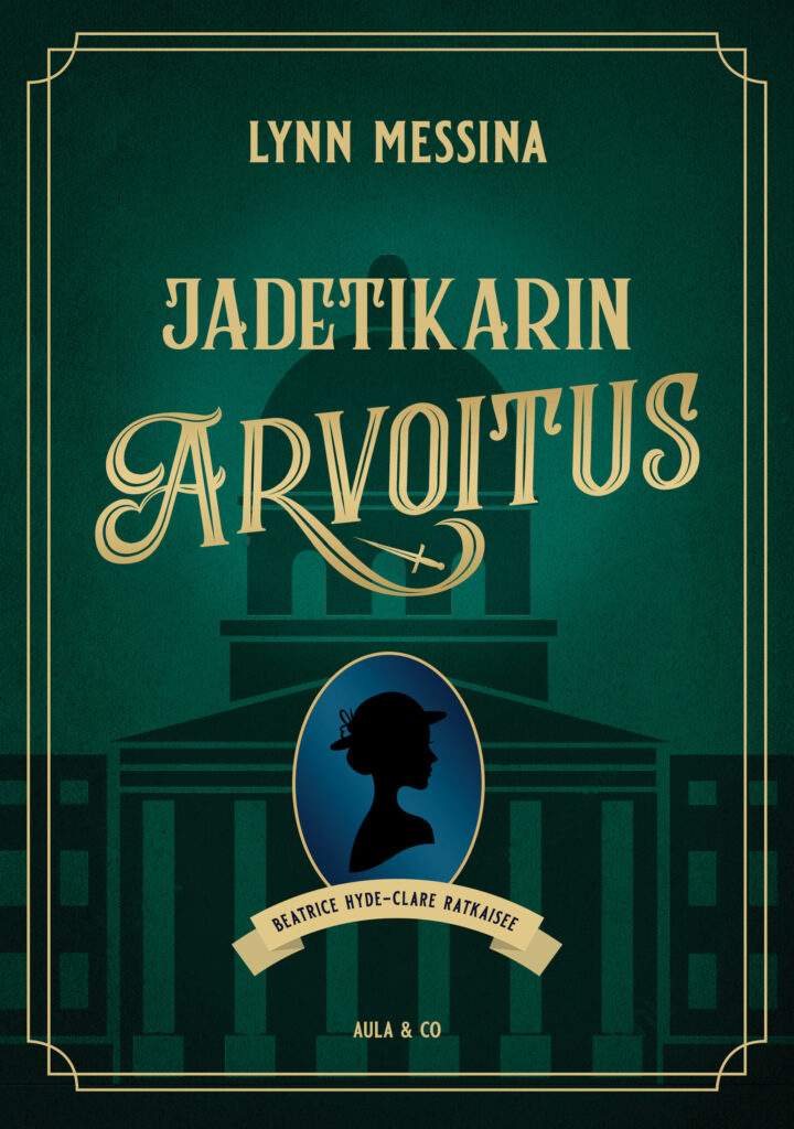 Kuvassa Jadetikarin arvoitus -kirjan kansi. Kannessa taustalla museon siluetti, etualalla kirjan nimi ja sen alla naisen siluetti.