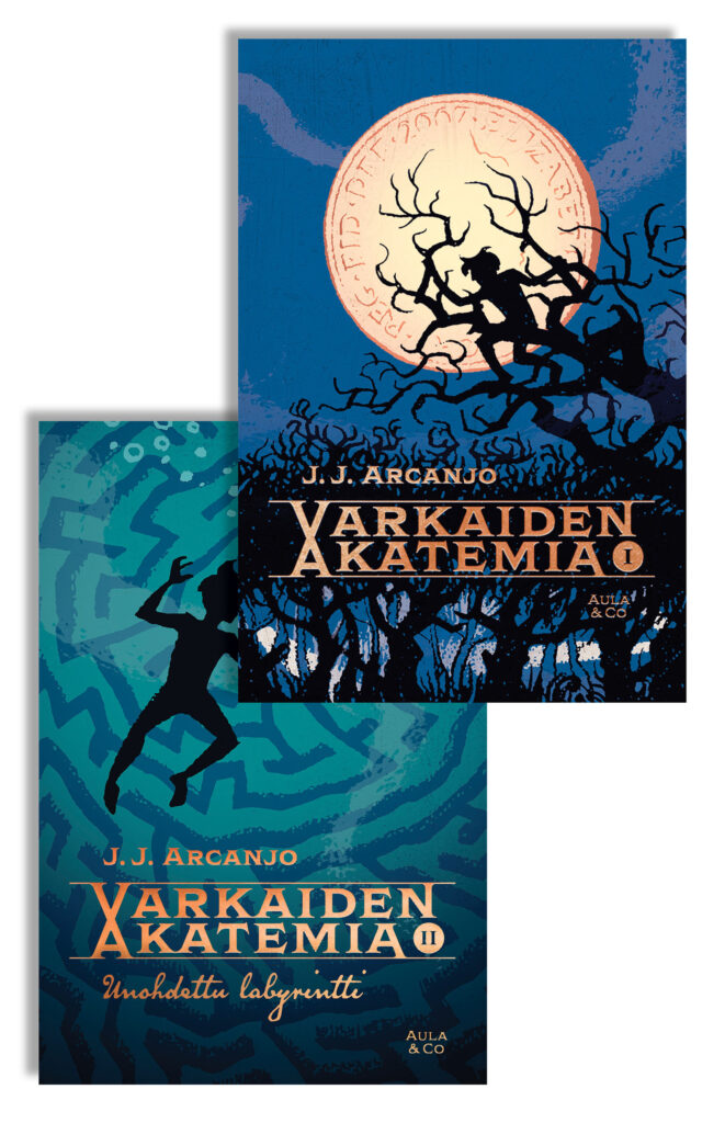Varkaiden akatemia -ja Unohdettu labyrintti -kirjojen kannet. Arcanjo