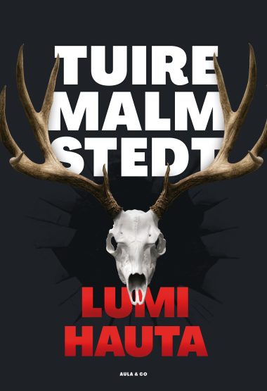 Lumihauta-kirjan kansi. Kannessa sarvekas eläimen pääkallo.